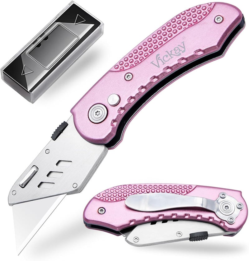 Vickay Box Cutter Utility Knife Heavy Duty with 5 SK5 Quick Change Blades, Safety Axis Lock Design Razor Knife, Lightweight Aluminum Body Belt Clip for Office (Pink) - Image 1